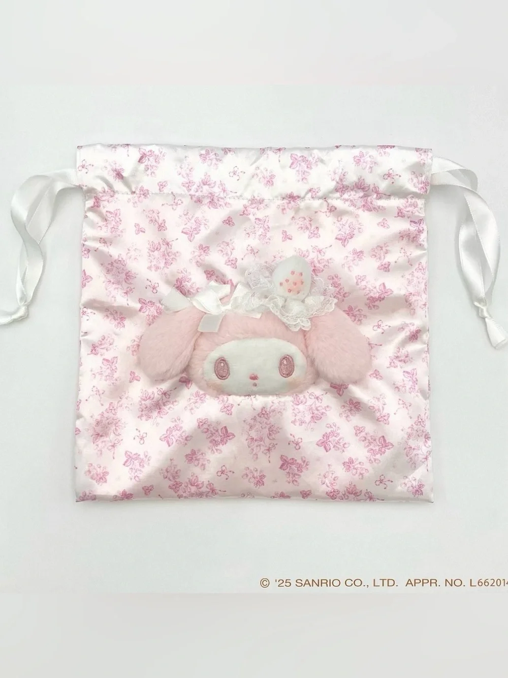 2025 Sanrio My Melody Floral Drawstring Pouch Plush Face Satin Bag